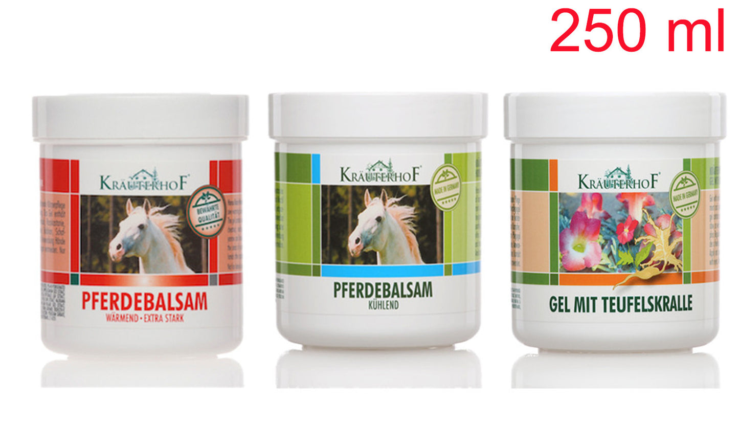 Kräuterhof Set Gel Arnica Balsamo cavallo Rinfrescante Scaldante Extra forte,Gel Artiglio del Diavolo 250ml