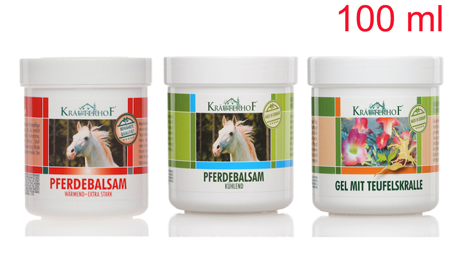 Kräuterhof Set Gel Arnica Balsamo cavallo Rinfrescante Scaldante Extra forte,Gel Artiglio del Diavolo 100ml