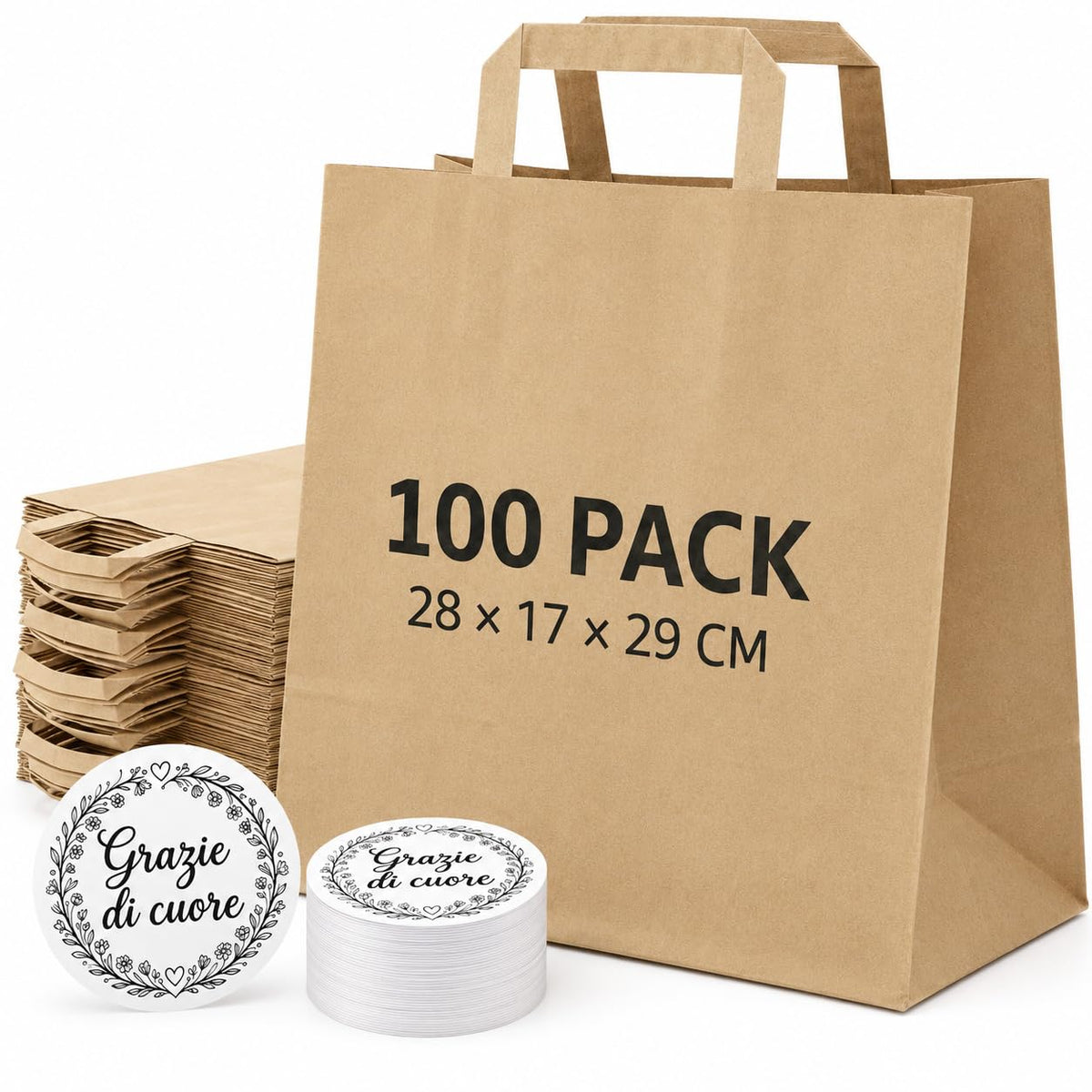 Zm Market hsl Sacchetti di Carta con Manici – Shopper Carta Kraft Robusti 80g PAP 22, Misura Extra Large 28×17×29 cm, con Adesivi Decorativi Inclusi