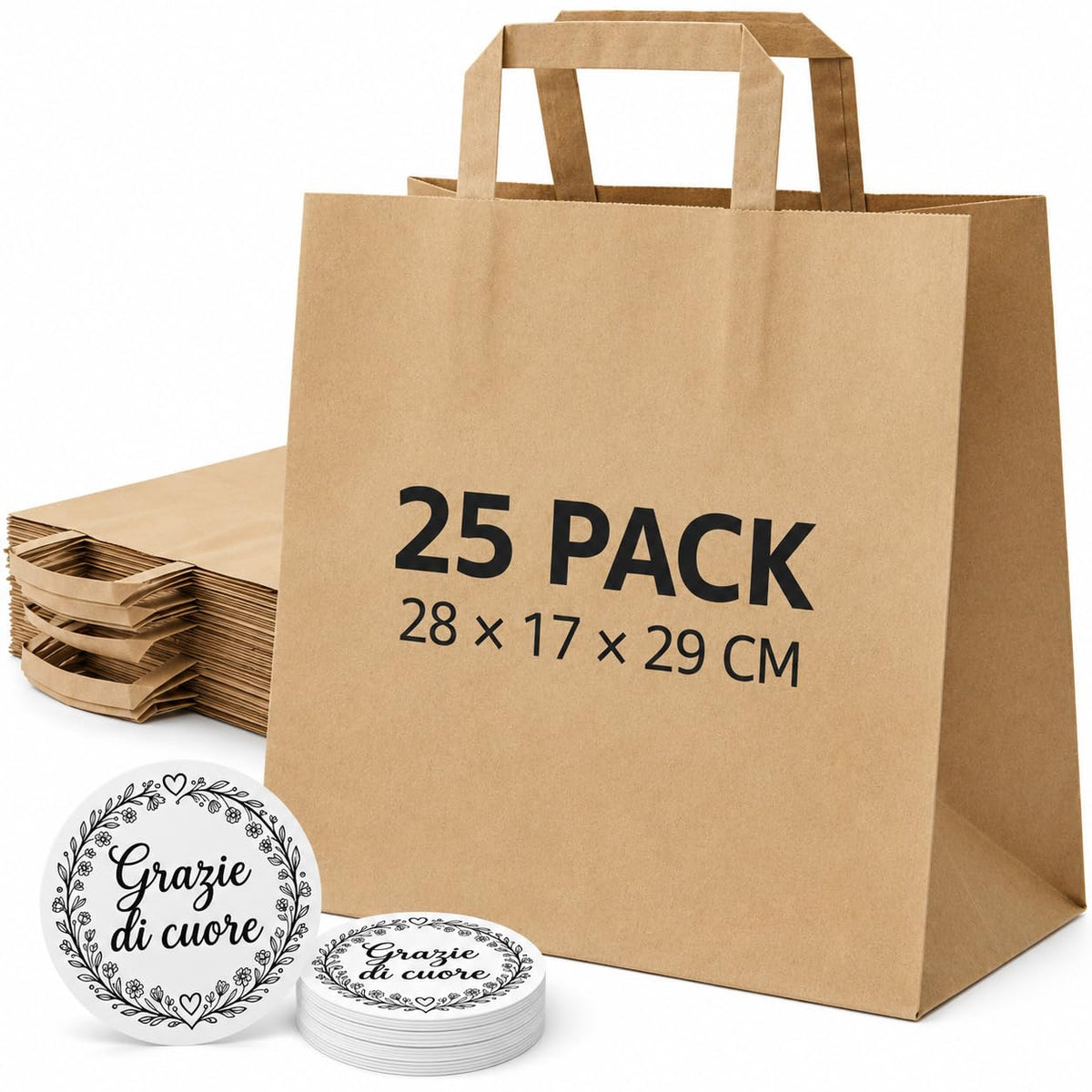Zm Market hsl Sacchetti di Carta con Manici – Shopper Carta Kraft Robusti 80g PAP 22, Misura Extra Large 28×17×29 cm, con Adesivi Decorativi Inclusi