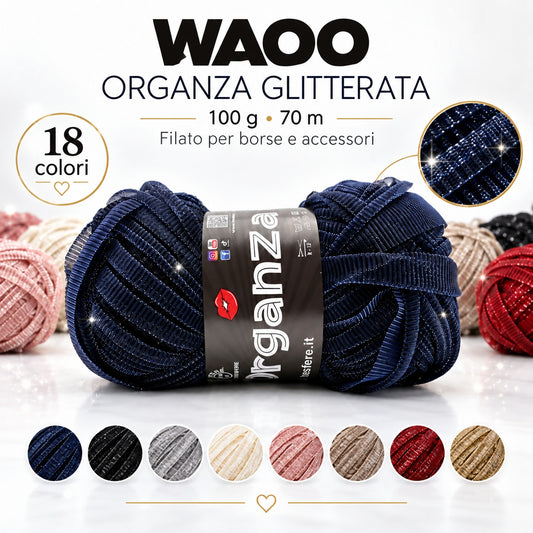 Fettuccia WAOO Organza Glitterata – 100 g / 70 m – Filato per Borse e Accessori a Uncinetto