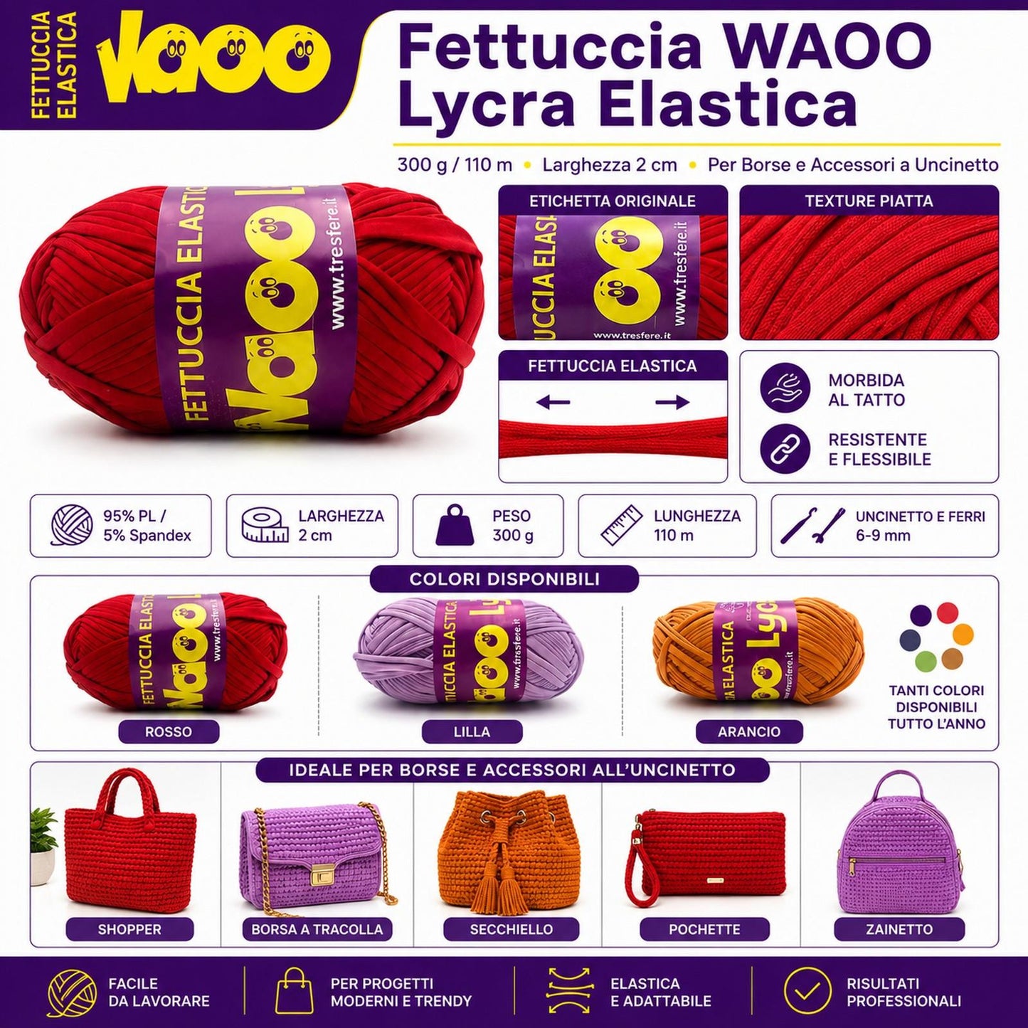 Fettuccia WAOO Lycra Elastica – 300 g / 110 m – Larghezza 2 cm – Per Borse e Accessori a Uncinetto