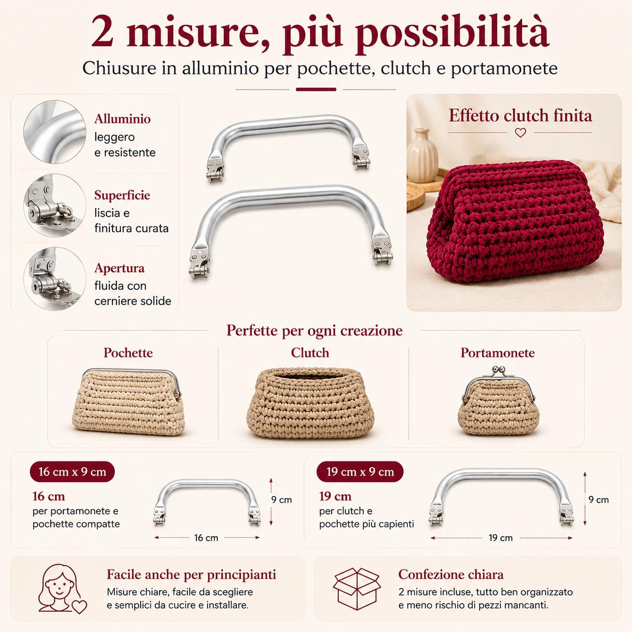 Manici per Borse Uncinetto, Chiusura Borsa Uncinetto Clic Clac in Alluminio