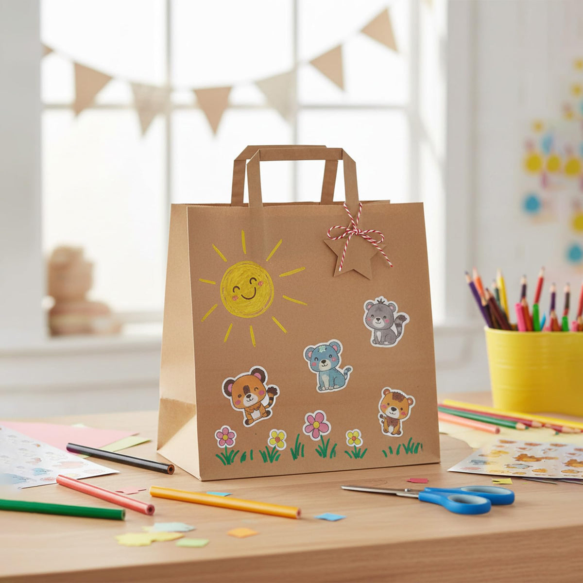 Zm Market hsl Sacchetti di Carta con Manici – Shopper Carta Kraft Robusti 80g PAP 22, Misura Extra Large 28×17×29 cm, con Adesivi Decorativi Inclusi