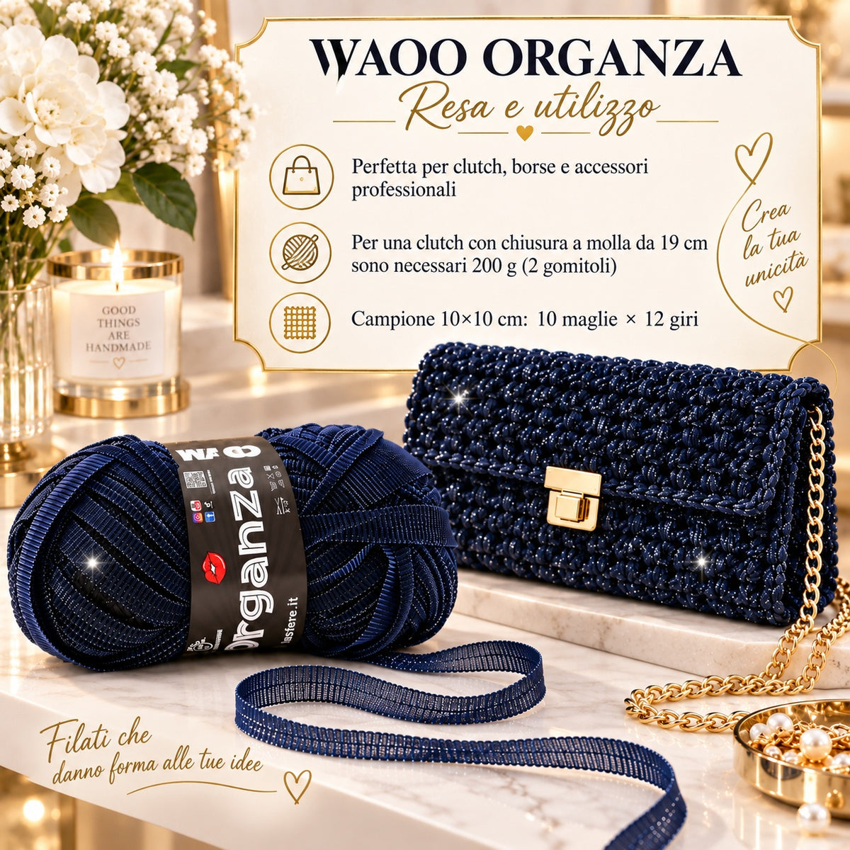 Fettuccia WAOO Organza Glitterata – 100 g / 70 m – Filato per Borse e Accessori a Uncinetto