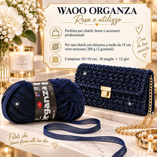 Fettuccia WAOO Organza Glitterata – 100 g / 70 m – Filato per Borse e Accessori a Uncinetto