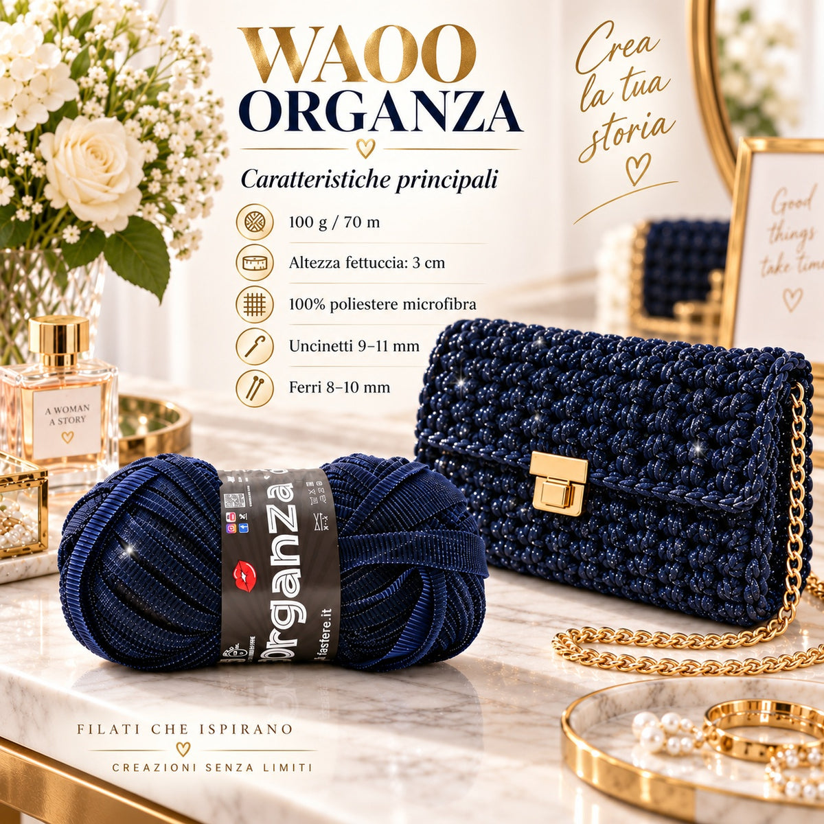 Fettuccia WAOO Organza Glitterata – 100 g / 70 m – Filato per Borse e Accessori a Uncinetto