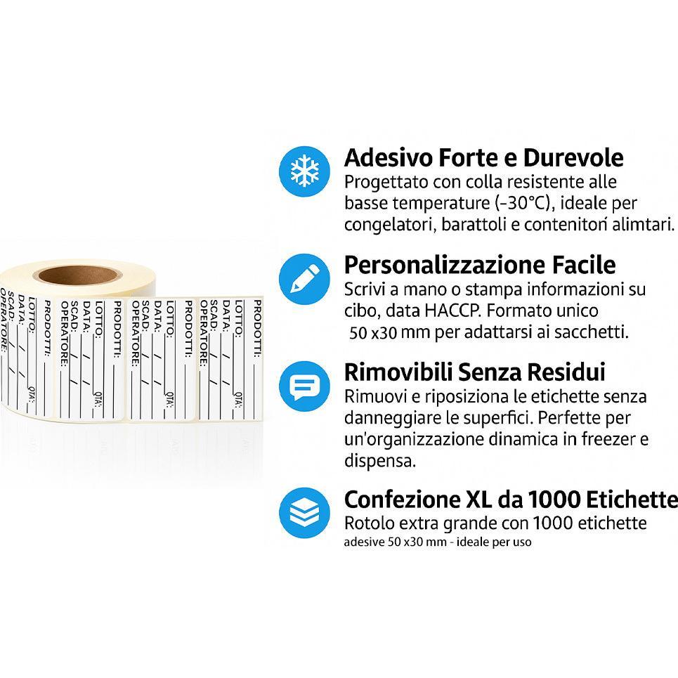 1000 Etichette Adesive HACCP per Alimenti 50x30 Mm, Rotolo Etichette di Controllo per Cucina, Freezer, Barattoli e Conservazione