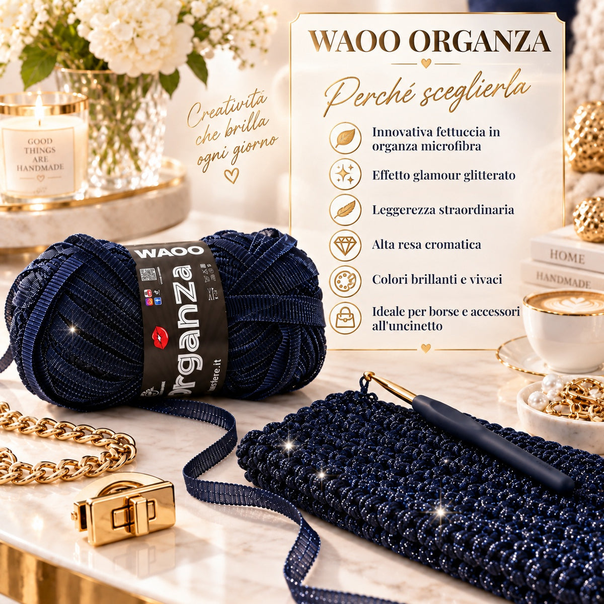 Fettuccia WAOO Organza Glitterata – 100 g / 70 m – Filato per Borse e Accessori a Uncinetto