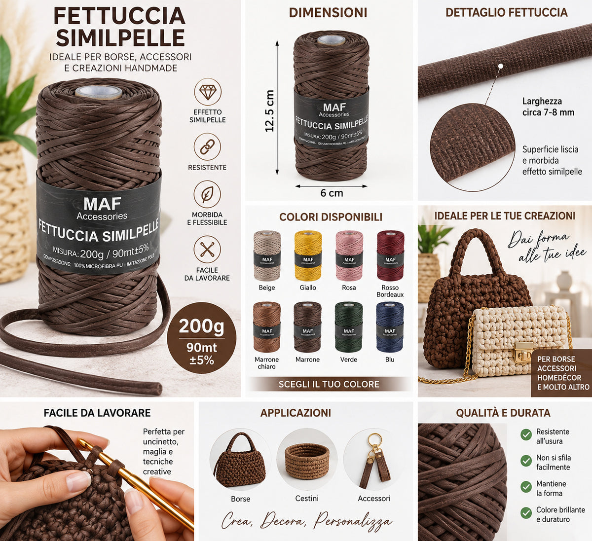 Fettuccia Similpelle 200 g 90 m, Gomitolo Filato per Borse all’Uncinetto, Pochette e Accessori Fai da Te