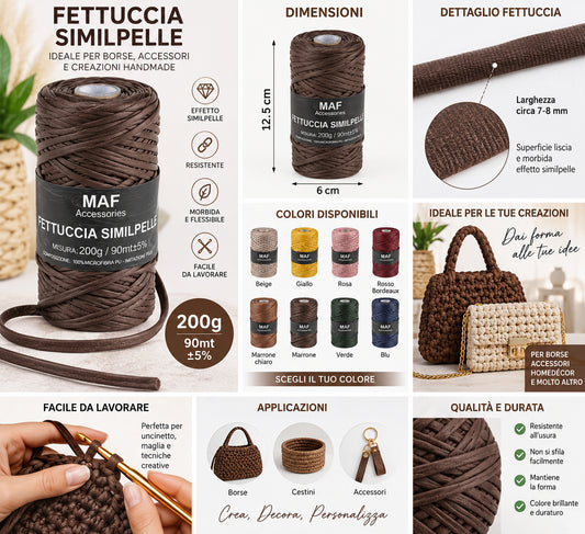 Fettuccia Similpelle 200 g 90 m, Gomitolo Filato per Borse all’Uncinetto, Pochette e Accessori Fai da Te