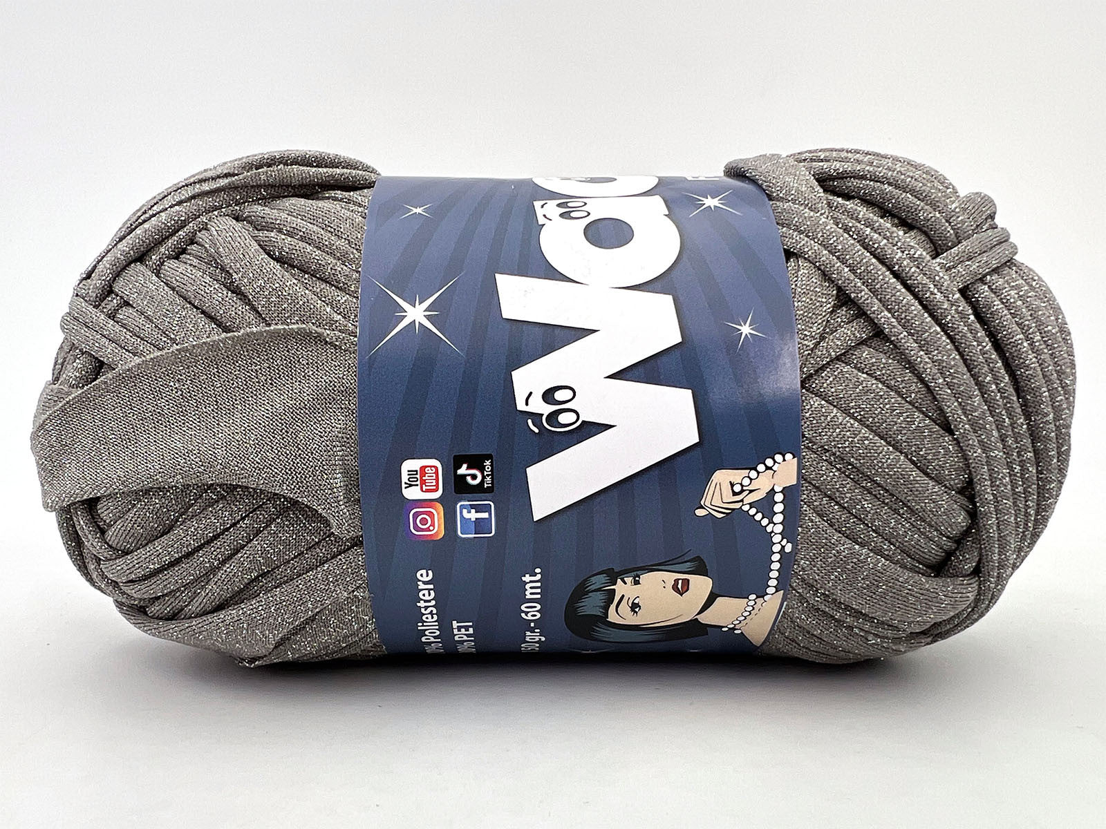 Fettuccia WAOO Lycra Chanel 150g 60m Filato Elastico Glitter per Uncinetto Borse Accessori Fai da Te - Grigio