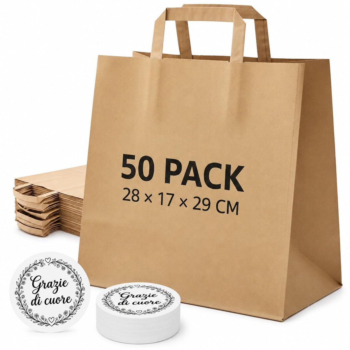 Zm Market hsl Sacchetti di Carta con Manici – Shopper Carta Kraft Robusti 80g PAP 22, Misura Extra Large 28×17×29 cm, con Adesivi Decorativi Inclusi