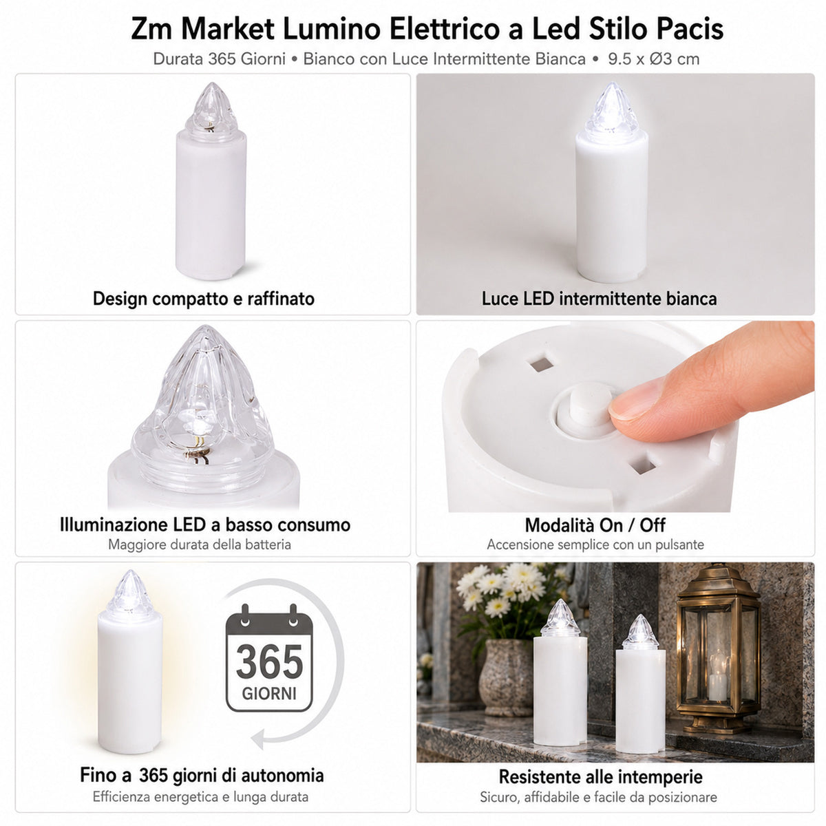 Lumino Elettrico a Led Stilo Pacis, Durata 365 Giorni, Bianco con  Luce Intermittente, 9.5xø3 cm