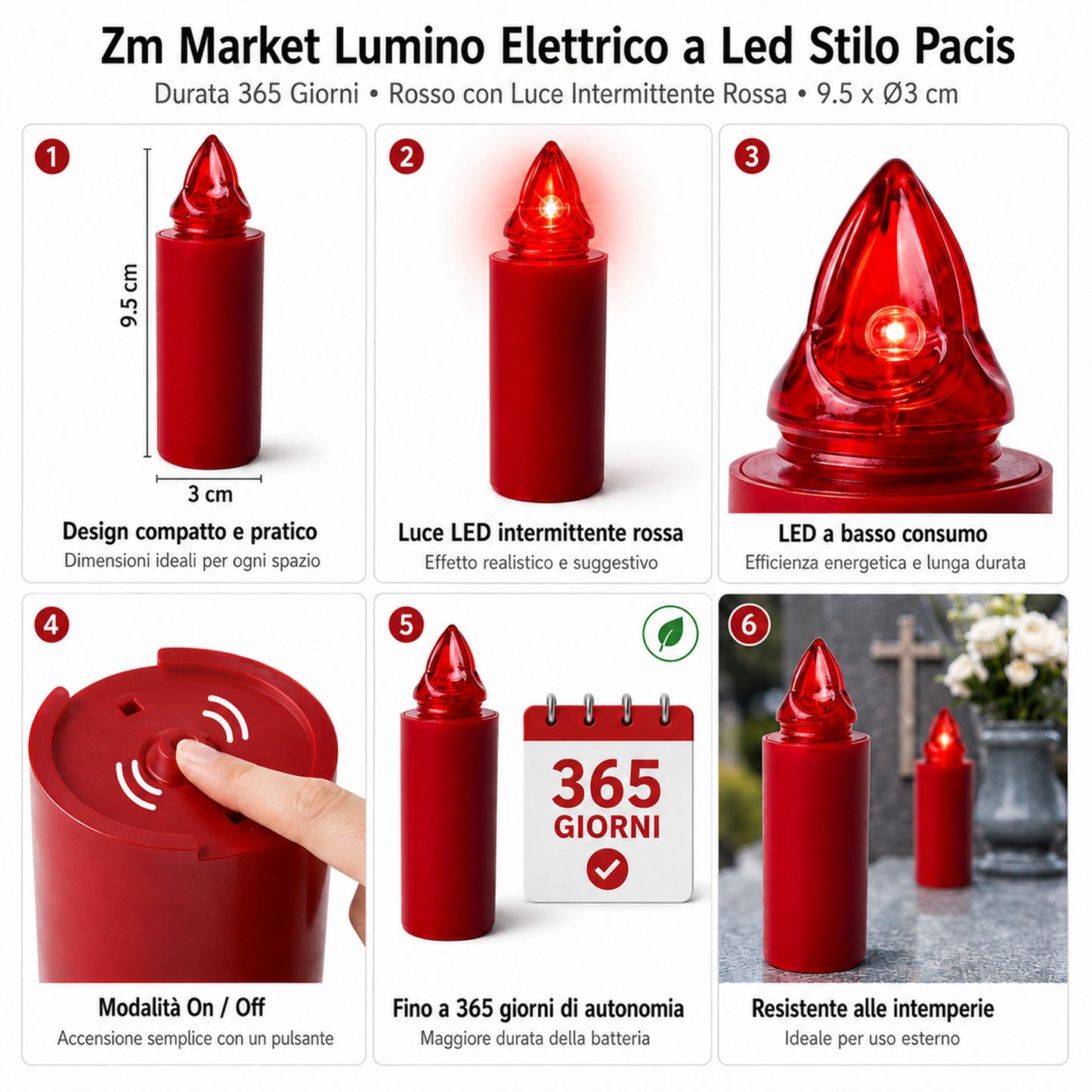 Lumino Elettrico a Led Stilo Pacis, Durata 365 Giorni, Rosso con  Luce Intermittente, 9.5xø3 cm