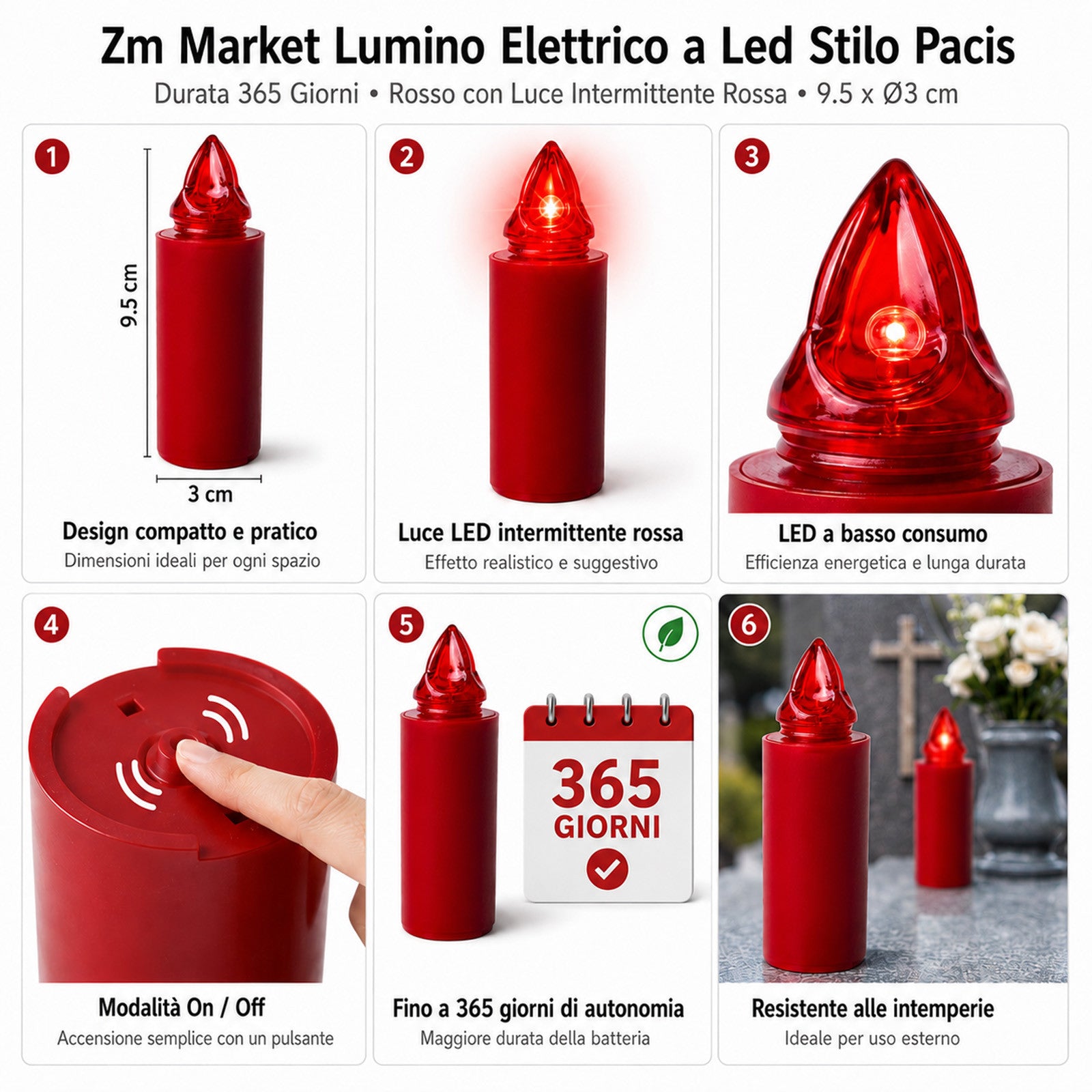 Lumino Elettrico a Led Stilo Pacis, Durata 365 Giorni, Rosso con  Luce Intermittente, 9.5xø3 cm