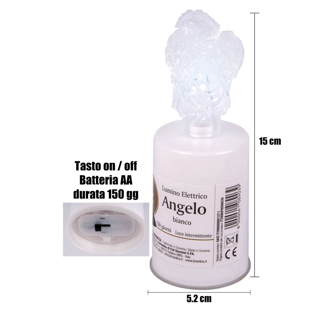 Zm Market Lumino Elettrico a Led Stilo Pacis, Durata 150 Giorni, bianca con Luce Intermittente bianca, dimensioni 13x5.2 cm